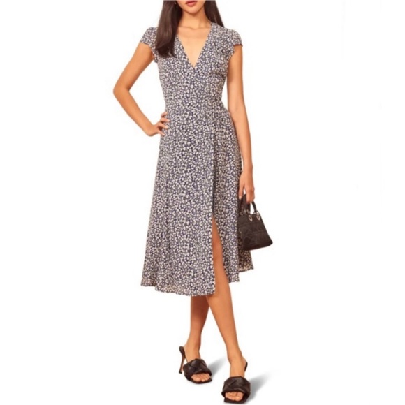 Reformation Dresses & Skirts - REFORMATION Carina Soho Blue Floral Midi Wrap Dress